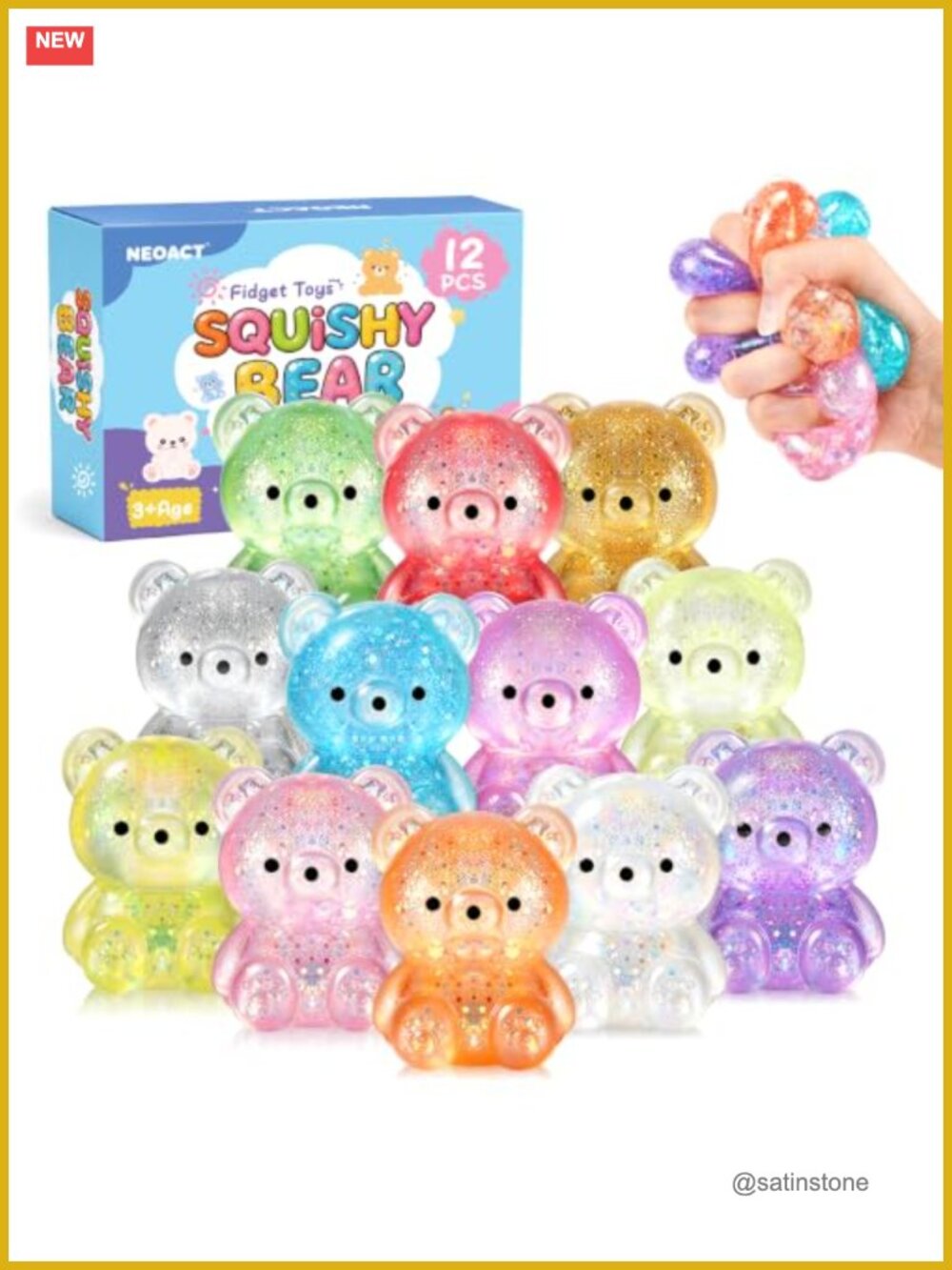12 Pack Bear Squishy Toys - Glitter Stress Balls for Anxiety Relief